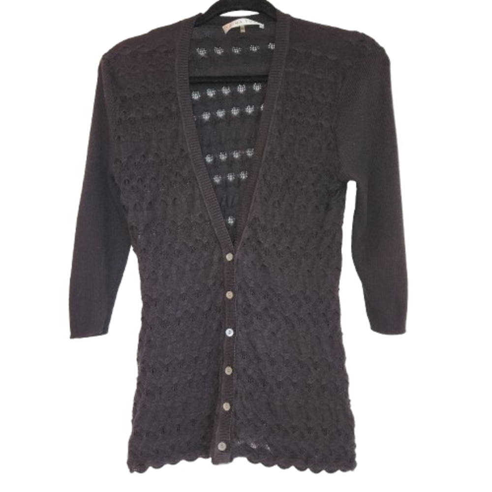 Trina Turk Shadow Sheer Black 3/4 Sleeve Button Down Cardigan Size L Rib Sleeves